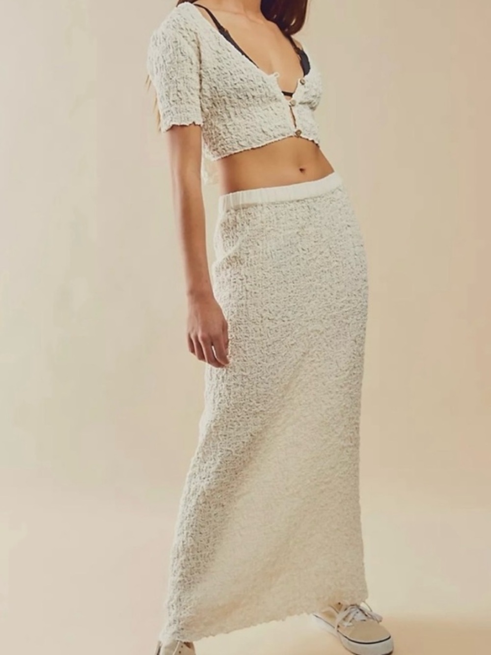Free People Double The Fun Matching Set Ivory Short Sleeve Shirt & Maxi Skirt